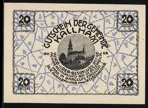 Notgeld Kallham 1920, 20 Heller, Kirche und dekoratives Muster