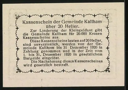 Notgeld Kallham 1920, 20 Heller, Kirche und dekoratives Muster