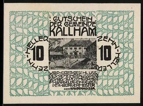 Notgeld Kallham 1920, 10 Heller, Gebäude mit Text und dekorativem Muster