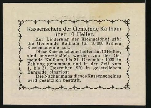 Notgeld Kallham 1920, 10 Heller, Gebäude mit Text und dekorativem Muster