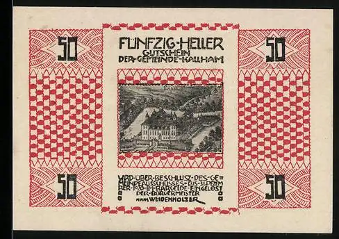 Notgeld Kallham 1920, 50 Heller, Landschaftsmotiv und dekoratives Muster