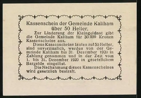 Notgeld Kallham 1920, 50 Heller, Landschaftsmotiv und dekoratives Muster