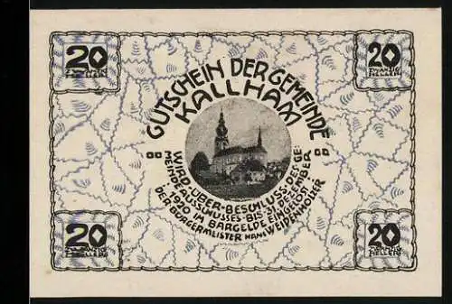 Notgeld Kallham 1920, 20 Heller, Kirche und Text zur Gültigkeit