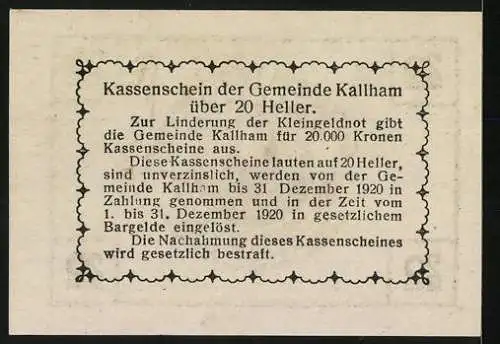 Notgeld Kallham 1920, 20 Heller, Kirche und Text zur Gültigkeit