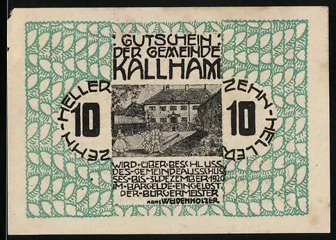 Notgeld Kallham 1920, 10 Heller, Gebäude-Motiv und florale Bordüre