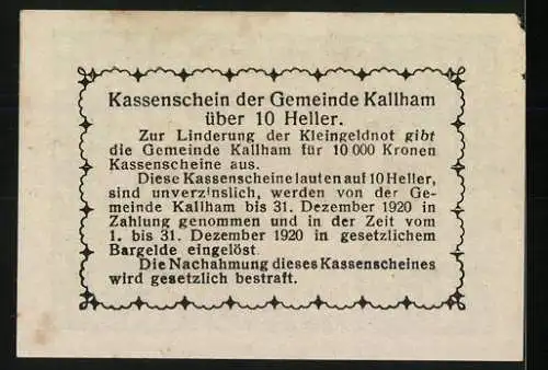 Notgeld Kallham 1920, 10 Heller, Gebäude-Motiv und florale Bordüre