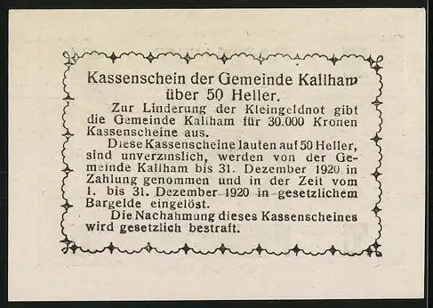 Notgeld Kallham 1920, 50 Heller, Landschaftsmotiv und Erklärungstext