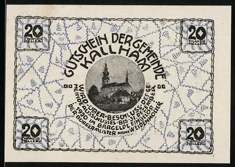 Notgeld Kallham 1920, 20 Heller, Kirche und Textmuster