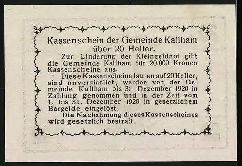 Notgeld Kallham 1920, 20 Heller, Kirche und Textmuster