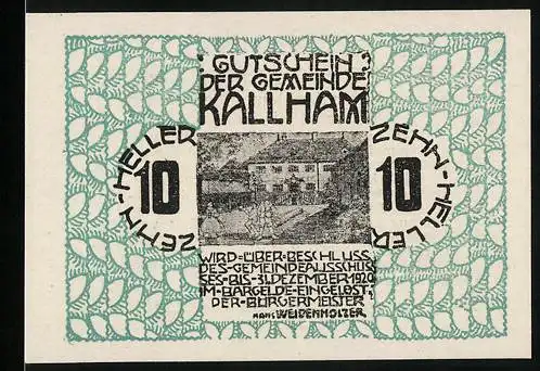 Notgeld Kallham 1920, 10 Heller, Gebäude mit dekorativem Rahmenmuster