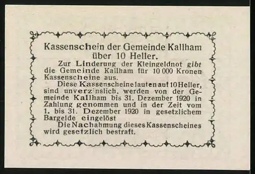 Notgeld Kallham 1920, 10 Heller, Gebäude mit dekorativem Rahmenmuster