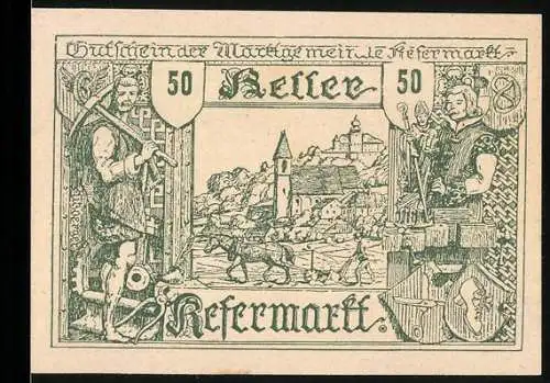 Notgeld Kefermarkt 1920, 50 Heller, mittelalterliche Figuren und Landschaft mit Burg und Dorf