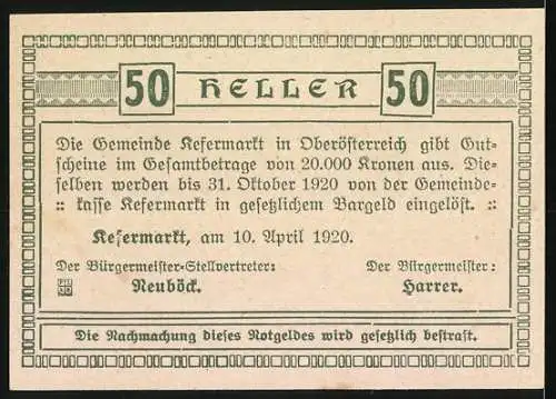 Notgeld Kefermarkt 1920, 50 Heller, mittelalterliche Figuren und Landschaft mit Burg und Dorf