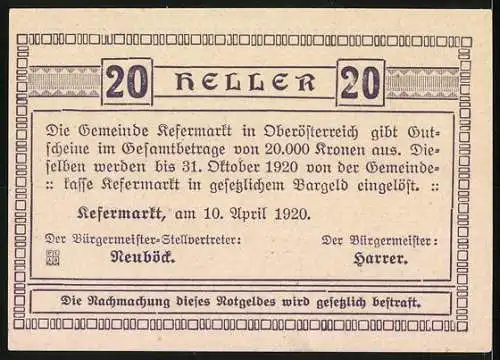 Notgeld Kefermarkt 1920, 20 Heller, Bergbau und Stadtansicht mit Wappen und Ritterrüstung