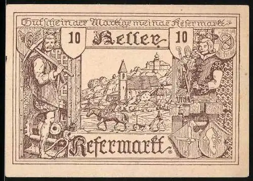 Notgeld Kefermarkt 1920, 10 Heller, mittelalterliche Szene mit Burghintergrund und Wappen