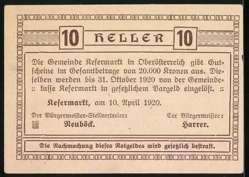 Notgeld Kefermarkt 1920, 10 Heller, mittelalterliche Szene mit Burghintergrund und Wappen