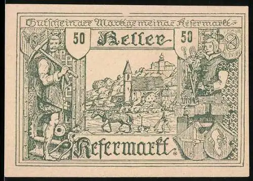 Notgeld Kefermarkt 1920, 50 Heller, Stadtansicht mit Rittern und Pferdefuhrwerk, Text und Signaturen