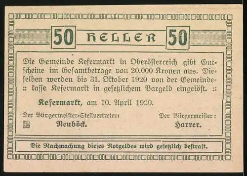 Notgeld Kefermarkt 1920, 50 Heller, Stadtansicht mit Rittern und Pferdefuhrwerk, Text und Signaturen