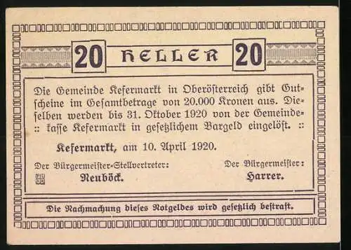 Notgeld Kefermarkt 1920, 20 Heller, Handwerker und Landschaft, Wappen