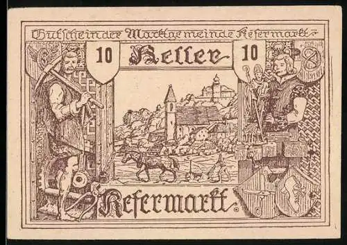 Notgeld Kefermarkt 1920, 10 Heller, Dorfszene mit Rittern und Wappen