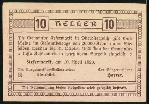 Notgeld Kefermarkt 1920, 10 Heller, Dorfszene mit Rittern und Wappen