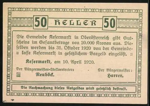 Notgeld Kefermarkt 1920, 50 Heller, Bergmann und Handwerker mit Landschaftsmotiv