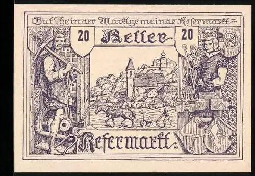 Notgeld Kefermarkt 1920, 20 Heller, Stadtansicht mit Figuren und Wappen