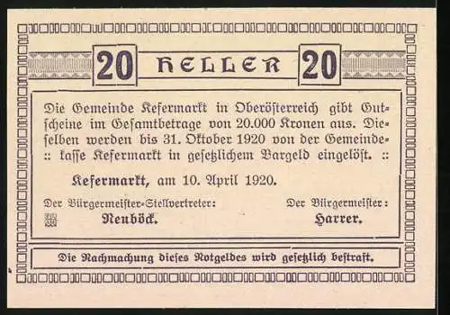 Notgeld Kefermarkt 1920, 20 Heller, Stadtansicht mit Figuren und Wappen