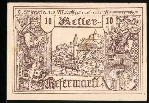 Notgeld Kefermarkt 1920, 10 Heller, Burg und Figuren, Wappen