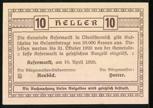 Notgeld Kefermarkt 1920, 10 Heller, Burg und Figuren, Wappen