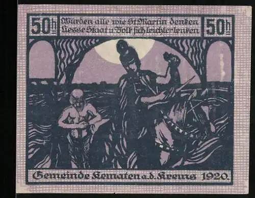 Notgeld Kematen 1920, 50 Heller, Ritter & Dorflandschaft mit Kirche