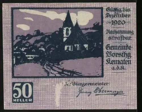 Notgeld Kematen 1920, 50 Heller, Ritter & Dorflandschaft mit Kirche