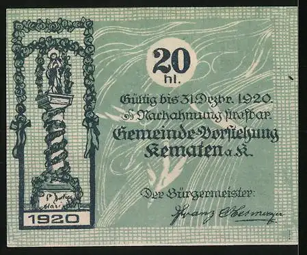 Notgeld Kematen 1920, 20 Heller, Burg mit Türmen und Säule mit Statue, Seriennummer und Wappen fehlen