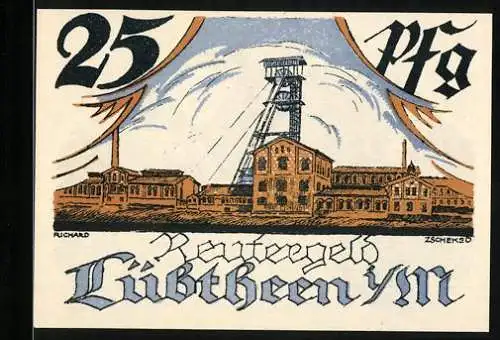 Notgeld Lübtheen 1922, 25 Pfennig, Bergwerk und Postkutsche, Wappen