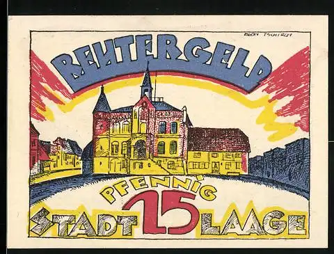 Notgeld Laage 1921, 25 Pfennig, Stadtansicht und bäuerliche Szene mit Pflug