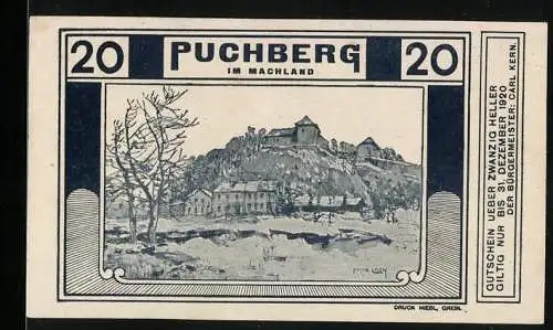 Notgeld Puchberg, 20 Heller, Landschaft mit Burg und Gebäuden, Druck Hiebl, Grein