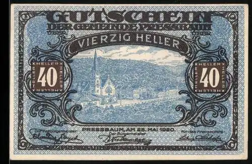 Notgeld Pressbaum 1920, 40 Heller, Stadtansicht mit Kirche, Wappen