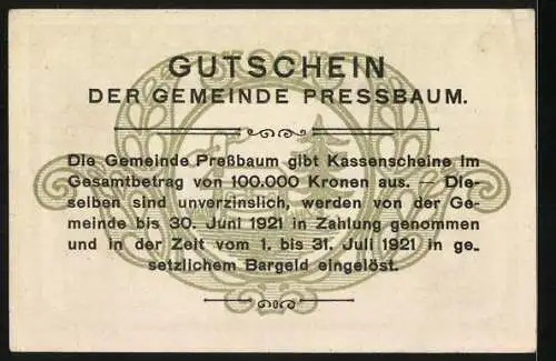 Notgeld Pressbaum 1920, 40 Heller, Stadtansicht mit Kirche, Wappen