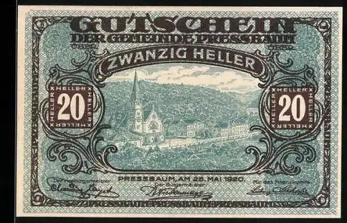 Notgeld Pressbaum 1920, 20 Heller, Landschaftsansicht mit Kirche und dekorative Umrandung