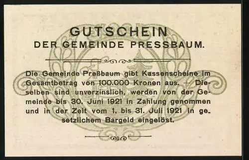 Notgeld Pressbaum 1920, 20 Heller, Landschaftsansicht mit Kirche und dekorative Umrandung