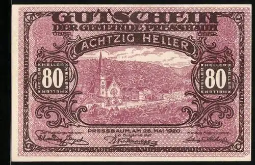 Notgeld Pressbaum 1920, 80 Heller, Stadtansicht mit Kirche und umliegender Landschaft