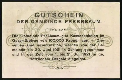 Notgeld Pressbaum 1920, 80 Heller, Stadtansicht mit Kirche und umliegender Landschaft