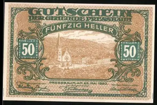 Notgeld Pressbaum 1920, 50 Heller, Landschaft mit Kirche und Signaturen