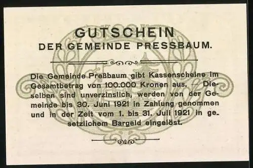 Notgeld Pressbaum 1920, 50 Heller, Landschaft mit Kirche und Signaturen