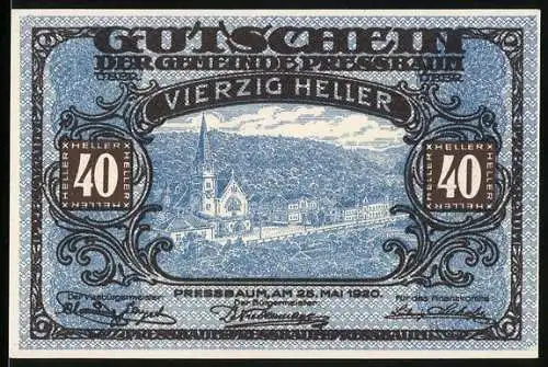 Notgeld Pressbaum 1920, 40 Heller, Stadtansicht mit Kirche und Landschaft