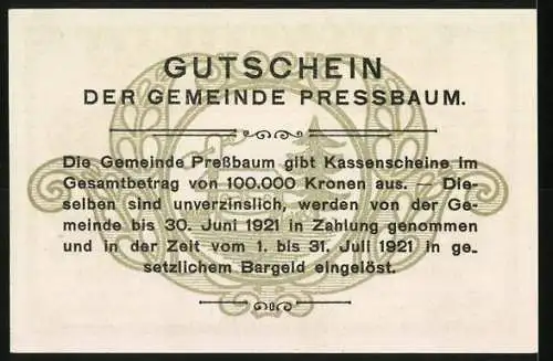 Notgeld Pressbaum 1920, 40 Heller, Stadtansicht mit Kirche und Landschaft