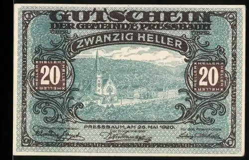 Notgeld Pressbaum 1920, 20 Heller, Stadtansicht mit Kirche im Hintergrund