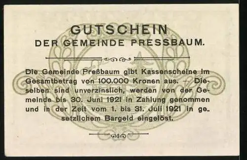 Notgeld Pressbaum 1920, 20 Heller, Stadtansicht mit Kirche im Hintergrund