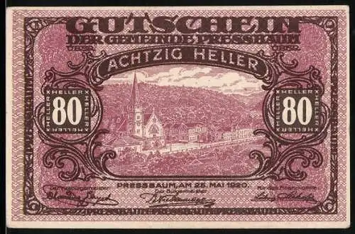 Notgeld Pressbaum 1920, 80 Heller, Stadtansicht mit Kirche und Hügeln im Hintergrund