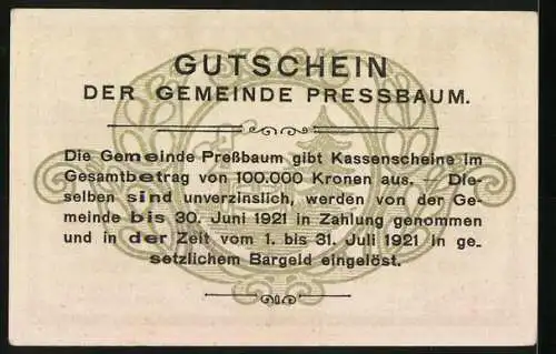 Notgeld Pressbaum 1920, 80 Heller, Stadtansicht mit Kirche und Hügeln im Hintergrund